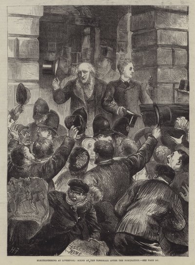 リバプールでの選挙、指名後のタウンホールでのシーン 作： Harry Furniss